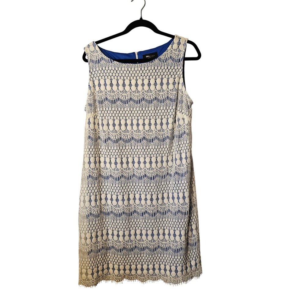 RN Studio Ronni Nicole Ivory Lace Blue Lined Shift Dress Size 16 Cottagecore EUC